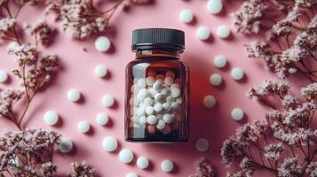 Brown bottle with round white pills surrounded by delicate flowers on a pastel pink background photo