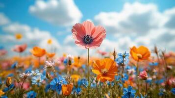A field of colorful flowers is shown in the sky photo