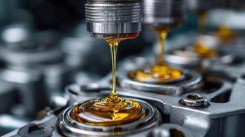 Close-up view of engine components with oil being dispensed from a nozzle during a maintenance routine for vehicles in an automotive workshop photo