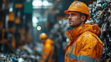 A man in an orange jacket and hard hat standing in front of a pile of garbage photo