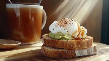 Sourdough toast topped with avocado, poached egg, and seasoning beside a cup of coffee on a wooden table in soft morning light photo