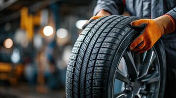 Mechanic handling new tire in automotive workshop while preparing for installation during daylight hours photo