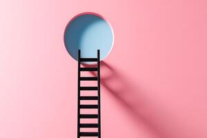 Ladder leading to a bright blue circular opening on pink photo