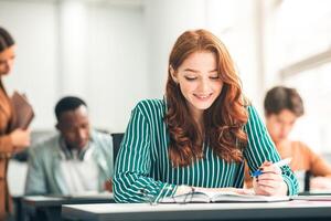 New Highschool Year On Campus. Positive Beautiful Young Adolescent Redhead Lady Sitting At Table In Modern Classroom, Doing Test Exercise, Reading Task, Enjoying Education And Learning With Classmates photo