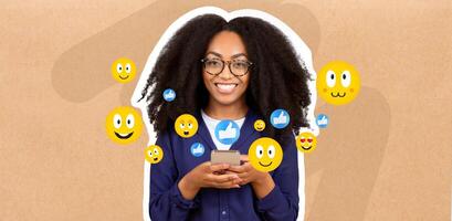 A cheerful woman with curly hair smiles while messaging on her smartphone. She appears engaged in a lively conversation, surrounded by various social media icons, indicating a fun interaction. photo