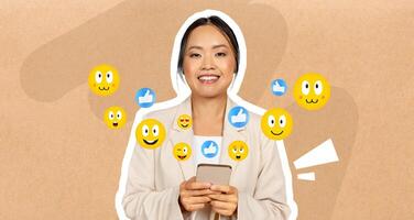 A cheerful Asian woman is engaged in texting on her smartphone, surrounded by colorful social media emoji icons, conveying a sense of joy and connection in a casual setting. photo