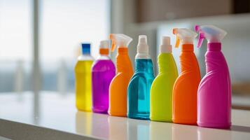 Vibrant bottles of cleaning solutions are arranged on a kitchen countertop, illuminated by sunlight. photo