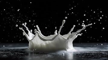 Milk splashes create striking shapes and droplets, showcasing fluid dynamics and texture. photo