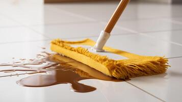 A person uses a mop to clean a spill on a tiled floor in a home setting. photo