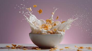 Cereal and milk splash in a bowl, creating a vibrant breakfast scene. photo