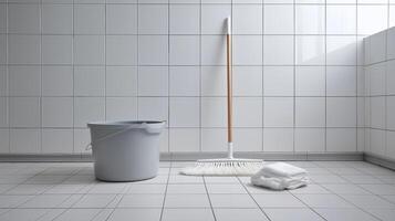 Mop and bucket sit on shiny tiles in a well-lit bathroom, inviting a thorough cleaning session. photo