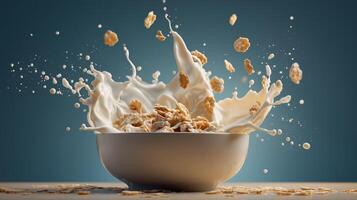 Milk and cereal collide in a lively splash, capturing the essence of a joyful morning meal. photo