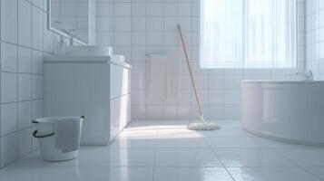 A well-lit bathroom features a clean bathtub, a mop, and a bucket, reflecting a serene atmosphere. photo