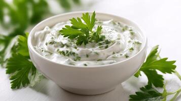A fresh herb dip sits in a bowl, surrounded by parsley leaves on a kitchen counter. photo