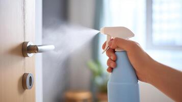 A person sprays disinfectant on a door handle to ensure cleanliness and prevent germs at home. photo