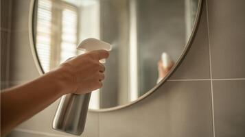 A person is cleaning a round mirror in a well-lit bathroom, focusing on hygiene. photo