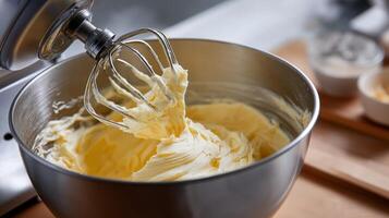 A bowl contains creamy butter frosting being mixed with an electric mixer in a warm kitchen. photo