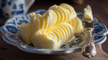 Freshly whipped butter on a blue and white plate brings warmth to the kitchen. photo