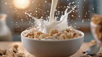 Milk pours over cereal in a bowl, creating a splash in a warm, inviting kitchen setting. photo
