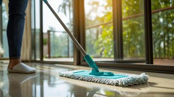A person mops a shiny floor as sunlight streams through large windows onto outdoor greenery. photo