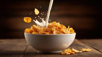 Milk splashes into a bowl filled with golden corn flakes, creating a refreshing breakfast moment. photo