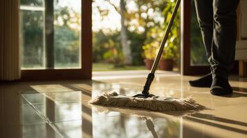 A person is mopping the floor in a well-lit room, sunlight streaming through the windows. photo