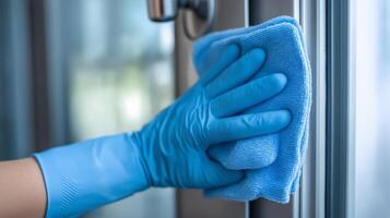 A person is wiping a stainless steel surface using a blue cloth for cleanliness and hygiene. photo