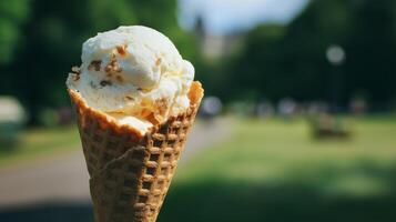 A person holds an ice cream cone with a creamy scoop in a vibrant park setting. photo