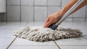 A person is mopping a tiled floor with a fluffy mop in a well-lit bathroom setting. photo