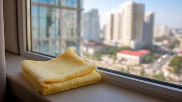 Bright yellow towels rest on a window sill overlooking a vibrant cityscape on a sunny day. photo