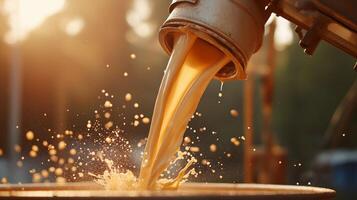Golden liquid flows from a spout, creating splashes against a backdrop of a warm sunset. photo