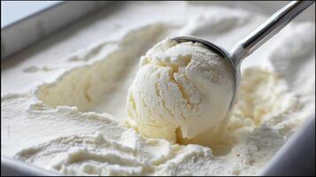 A scoop of creamy vanilla ice cream is lifted from a container, showcasing its smooth texture. photo