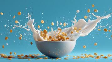 A bowl of cereal is splashing milk, creating a lively and dynamic display on a blue background. photo