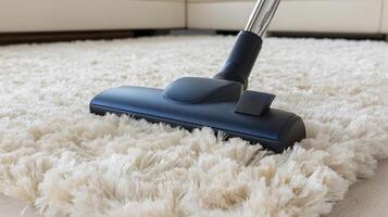 A vacuum cleaner is being used on a fluffy rug while cleaning a well-lit living room. photo