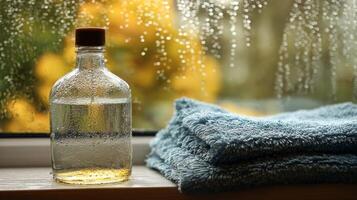 A bottle of oil sits next to a blue towel on a windowsill as raindrops form patterns on the glass. photo