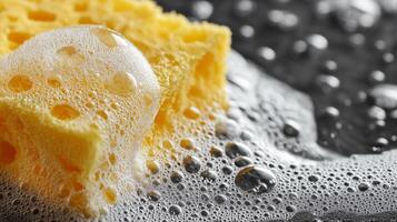 A yellow cleaning sponge is submerged in soapy water, covered with bubbles and foam. photo
