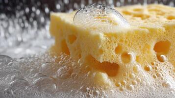 A vibrant yellow sponge is submerged in a layer of soapy bubbles, showcasing its unique texture. photo