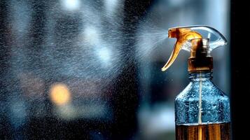 A clear spray bottle releases a fine mist of liquid as evening light filters through a window. photo