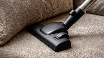 Vacuuming a sofa to remove dust and debris in a cozy living room during spring cleaning. photo