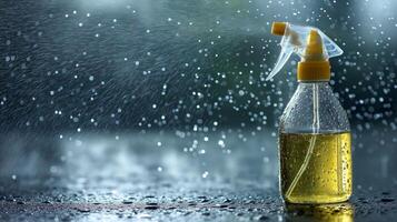 A clear spray bottle filled with yellow liquid sits on a damp surface as water droplets surround it. photo