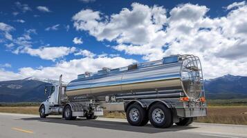 A shiny tanker truck travels along a scenic road surrounded by mountains and clouds. photo