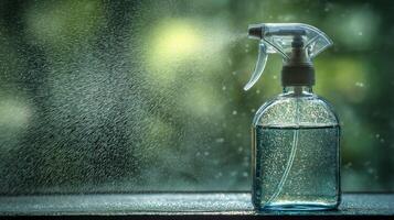 Water mist escapes from a clear spray bottle, illuminated by soft sunlight filtering through trees. photo