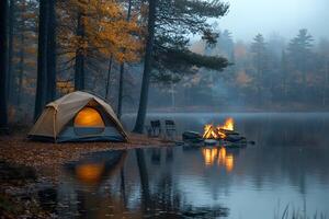 Tranquil Autumn Camping by Lakeside with Tent and Campfire in Misty Forest photo