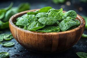 Fresh Spinach Salad in Rustic Wooden Bowl for Healthy Eating and Vegan Cuisine Concepts photo