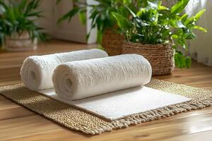 Tranquil Spa Setting with Rolled White Towels on Woven Mat Surrounded by Lush Greenery photo
