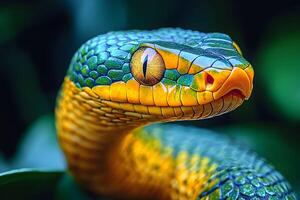 Vibrant Green and Yellow Snake with Striking Scales and Intense Eyes photo