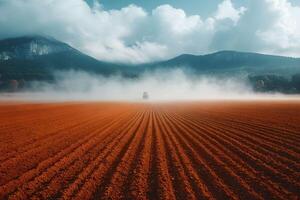 Tranquil Agricultural Landscape with Misty Red Plowed Field and Mountain Backdrop photo