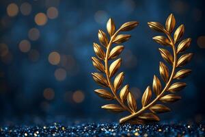 Golden Laurel Wreath on Glittering Blue Bokeh Background for Awards and Achievements photo