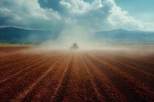 Tractor Plowing Field Under Dramatic Sky - Agricultural Landscape for Farming Concepts photo