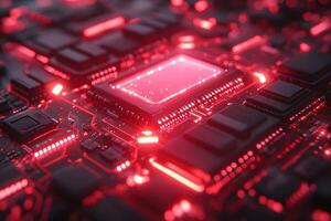 Futuristic Red Digital Circuit Board Microchip Technology Design photo